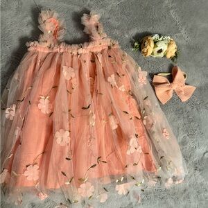 Peach Floral Tulle Dress with Accessories